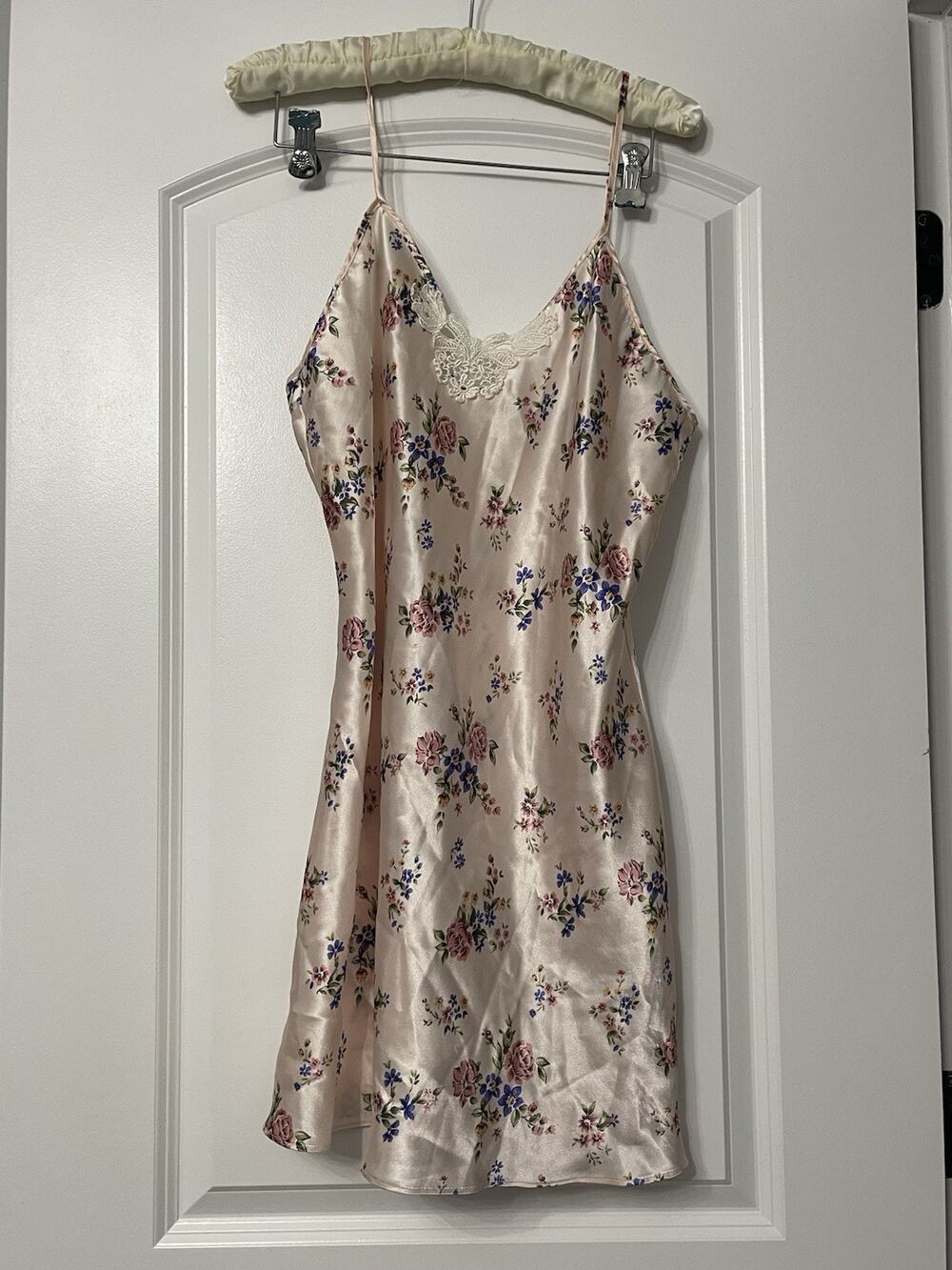 Vintage Val Mode Lingerie Pink Floral Satin Slip Dress M Coquette Whimsigoth Y2K